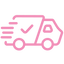 Pink outline of a delivery truck with checkmark on a white background
