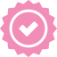 Pink starburst badge with a white check mark in the center