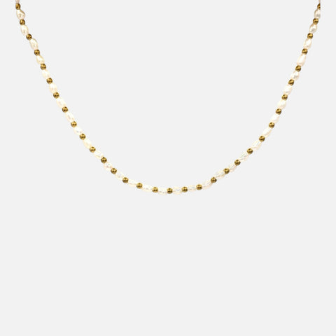 Raershop Plane Jane Pearls necklace featuring alternating cultured freshwater pearls and small gold beads